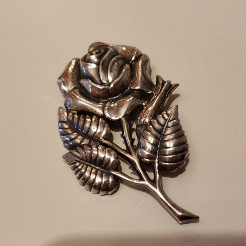 Antique Sterling Silver Rose Pin